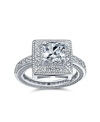 Bling Jewelry 2CT Art Deco Style Cubic Zirconia Milgrain Princess Cut Square Halo Cz Promise Ring With Eternity Band Sterling Silver