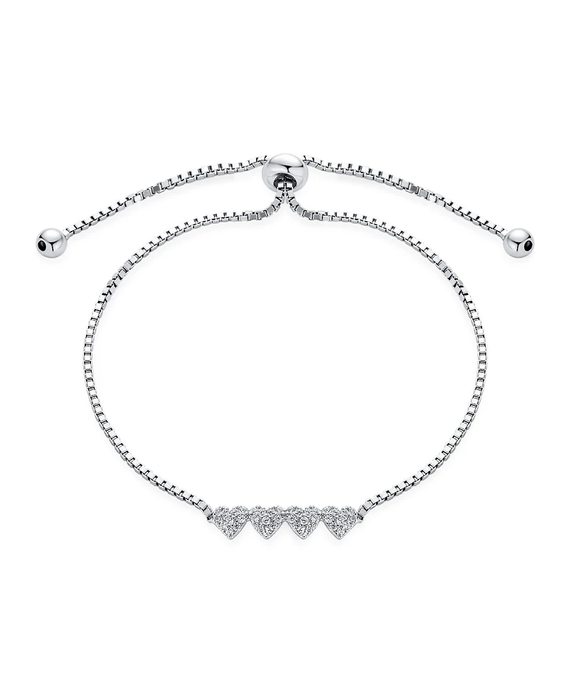 Bling Jewelry Dainty Petite Cubic Zirconia Micro Pave Cz Four Tiny Hearts Slide Bolo Bracelet For Women Sterling Silver Adjustable Sliding Ball Clasp