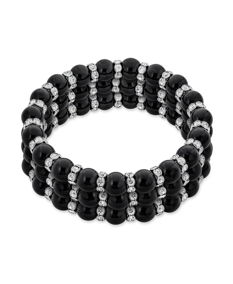 Bling Jewelry Set of 3 Black Simulated Pearl Stretch Bracelets with Crystal Spacers