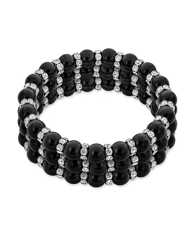 Bling Jewelry Set of 3 Black Simulated Pearl Stretch Bracelets with Crystal Spacers