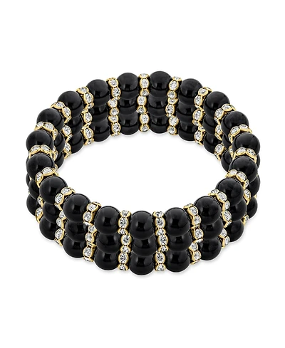 Bling Jewelry Set of 3 Black Simulated Pearl Stretch Bracelets with Crystal Gold Spacers