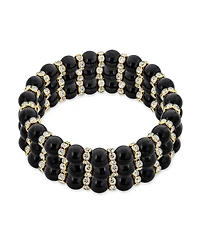 Bling Jewelry Set of 3 Black Simulated Pearl Stretch Bracelets with Crystal Gold Spacers