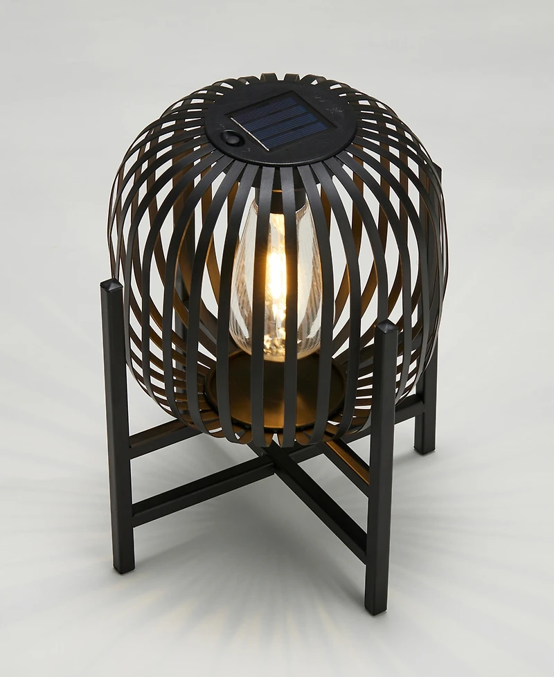 Glitzhome 11.50" H Set of 2 Black Metal Stripes Solar Powered Edison Bulb Outdoor Lantern with Stand