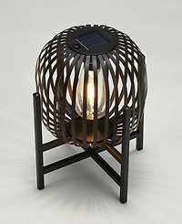Glitzhome 11.50" H Set of 2 Black Metal Stripes Solar Powered Edison Bulb Outdoor Lantern with Stand