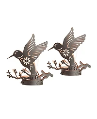 Glitzhome 9.75" H Set of 2 Black and Gold-Tone Metal Cutout Flying Hummingbird Silhouette Solar Powered Edison Bulb Outdoor Lantern