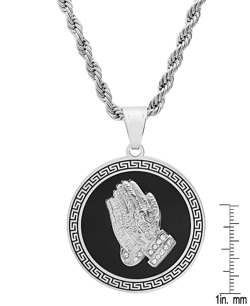 Steeltime Men's Stainless Steel Prayer Hand & Greek Key 24" Pendant Necklace