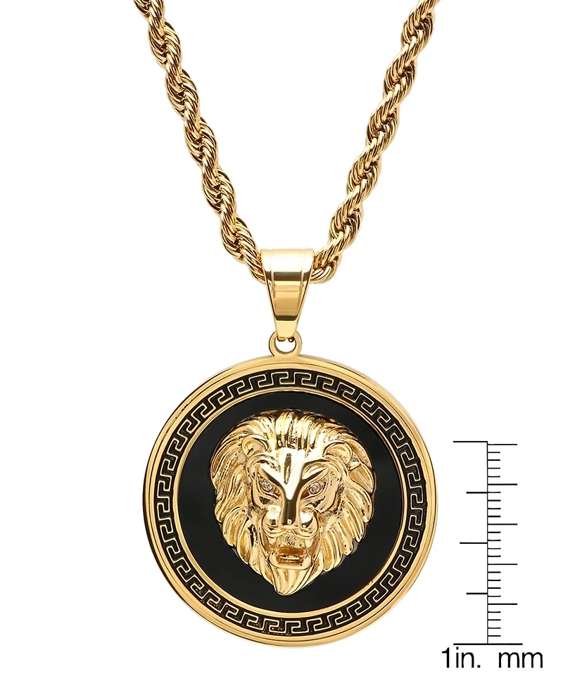 Steeltime Men's Two-Tone Stainless Steel Simulated Diamond Lion Head On Greek Key Mount 24" Pendant Necklace