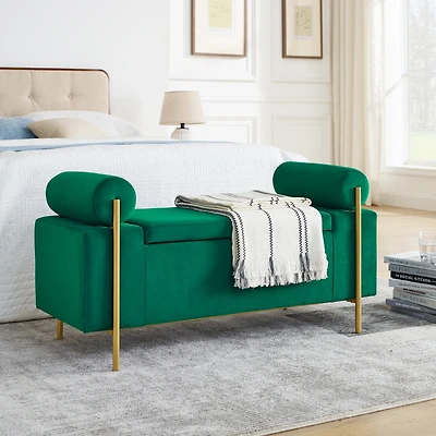 Green Velvet Storage Bench with Iron Legs