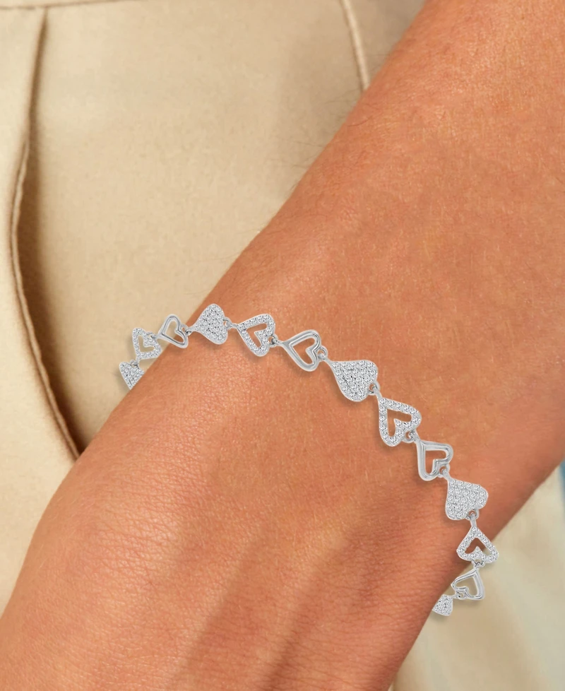 Cubic Zirconia Pave & Polished Heart Link Bracelet
