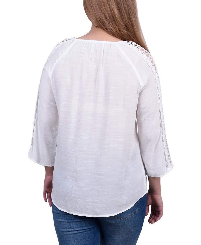 Ny Collection Petite 3/4 Sleeve Tunic with Crochet and Tie Neck