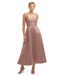 Square Neck Satin Midi Dress with Full Skirt & Pockets