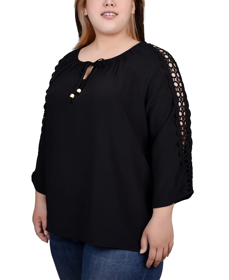 Ny Collection Plus 3/4 Sleeve Crochet Detail Blouse