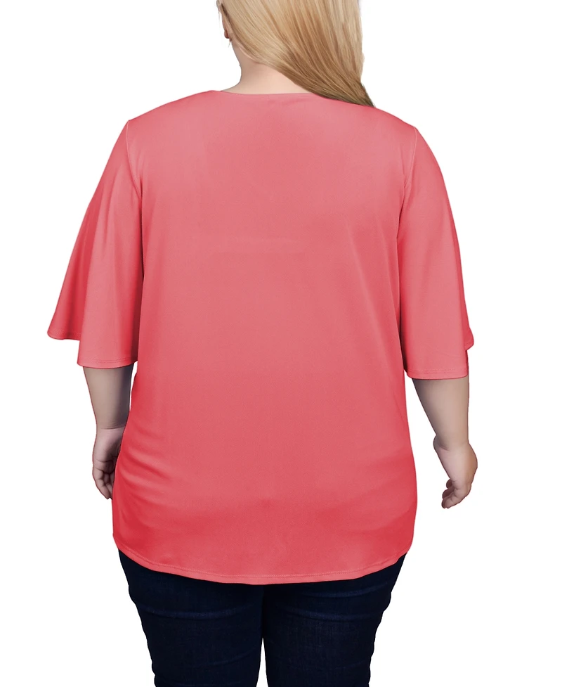 Ny Collection Plus Elbow Sleeve Tie-Front Top