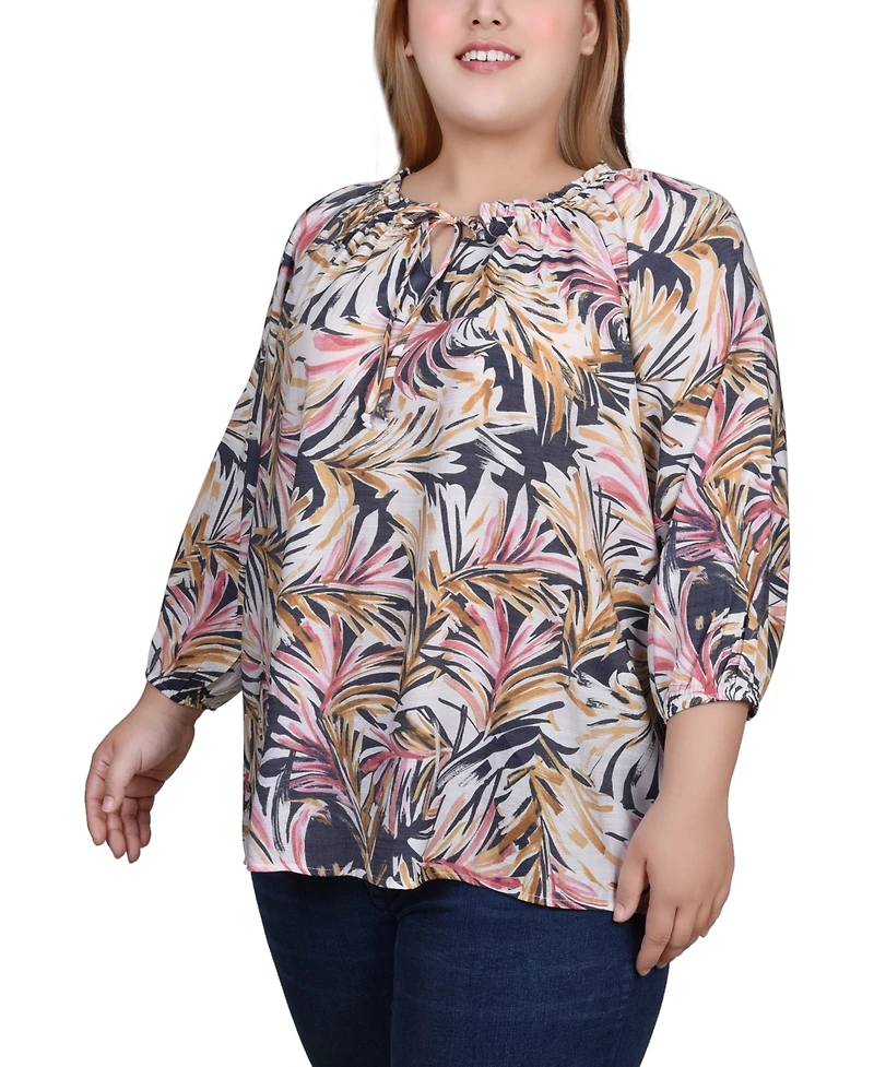 Ny Collection Plus 3/4 Sleeve Drawstring Neck Blouse