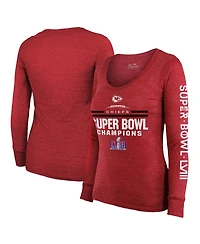 Women's Majestic Red Kansas City Chiefs Super Bowl Lviii Champions Goal Line Stand Scoop Neck Tri-Blend Long Sleeve T-shirt