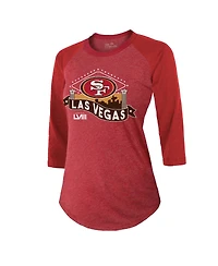Women's Majestic Threads Scarlet San Francisco 49ers Super Bowl Lviii Vegas Raglan 3/4-Sleeve Tri-Blend T-shirt