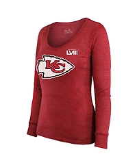 Women's Majestic Threads Travis Kelce Red Kansas City Chiefs Super Bowl Lviii Scoop Name and Number Tri-Blend Long Sleeve T-shirt