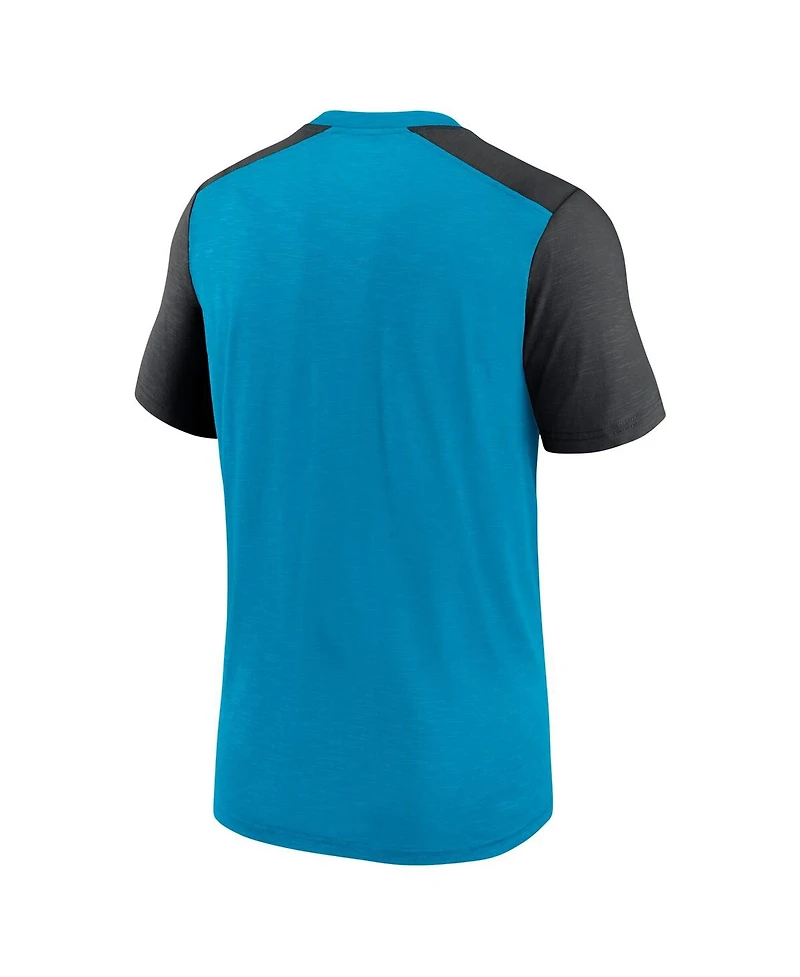 Men's Nike Heathered Blue, Black Carolina Panthers Color Block Team Name T-shirt
