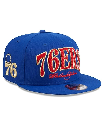 Men's New Era Royal Philadelphia 76ers Golden Tall Text 9FIFTY Snapback Hat