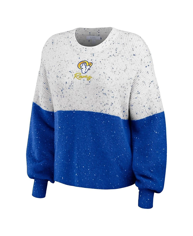 Women's Wear by Erin Andrews White, Royal Los Angeles Rams Lighweight Modest Crop Color-Block Pullover Sweater