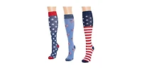 Muk Luks Men's Unisex 3 Pack Nylon Compression Knee-High Socks, Red/White/Blue, One Size