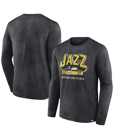 Men's Fanatics Heather Charcoal Distressed Utah Jazz Front Court Press Snow Wash Long Sleeve T-shirt