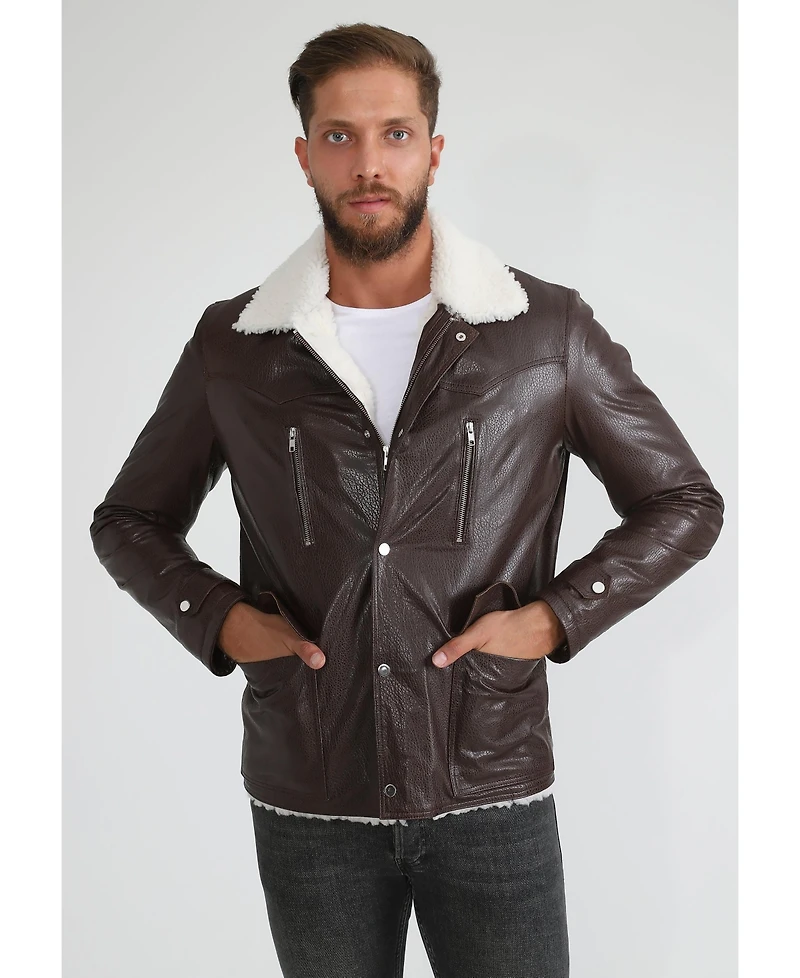 Furniq Uk Men's Genuine Leather Coat with Shearling Lining, Brown Nappa and White Curly Wool