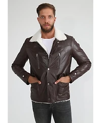 Furniq Uk Men's Genuine Leather Coat with Shearling Lining, Brown Nappa and White Curly Wool