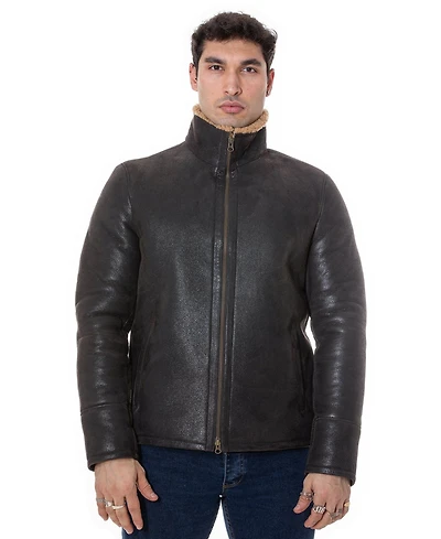 Furniq Uk Men's Shearling Casual Jacket, Vintage Like Brown with Ginger Curly Wool