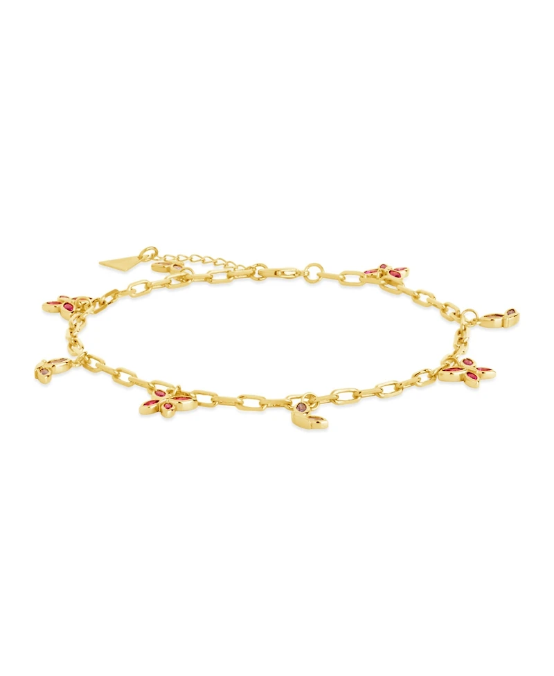Sterling Forever Silver-Tone or Gold-Tone Pink Cubic Zirconia Butterfly Charm Caria Anklet