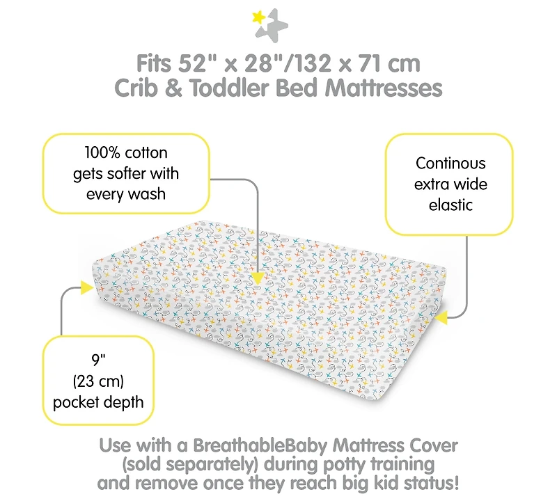 Halo Dream Inc. Cotton Percale Fitted Sheet, For 52" x 28" Crib & Toddler Bed Mattress (2-Pack)