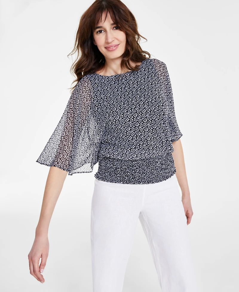Sam & Jess Women's Round-Neck 3/4-Sleeve Smocked-Waist Blouse