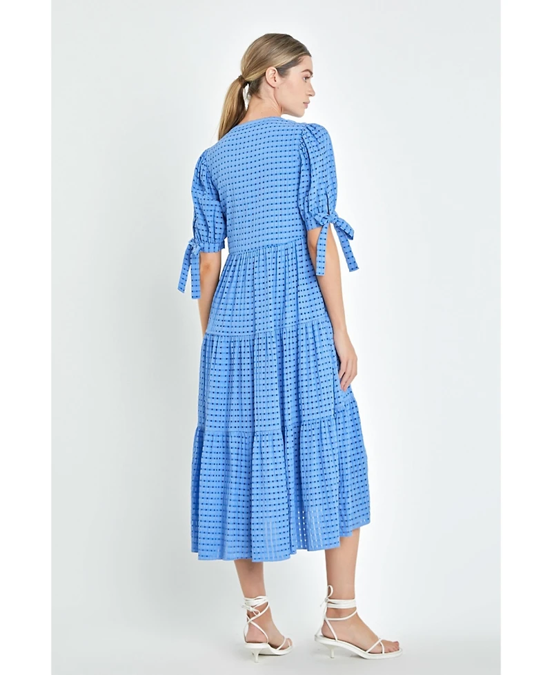 English Factory Women's Gingham Tiered Midi Dress with Bow Tie Sleeves