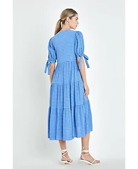 English Factory Women's Gingham Tiered Midi Dress with Bow Tie Sleeves