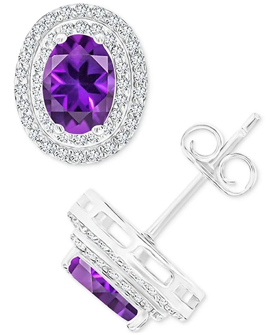 Amethyst (1-3/8 ct. t.w.) & Lab Grown White Sapphire (1/2 Oval Halo Birthstone Stud Earrings Sterlings Silver (Also Additional Birthst