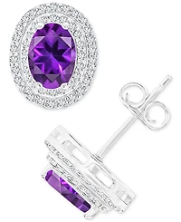 Amethyst (1-3/8 ct. t.w.) & Lab Grown White Sapphire (1/2 Oval Halo Birthstone Stud Earrings Sterlings Silver (Also Additional Birthst