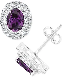 Amethyst (1-3/8 ct. t.w.) & Lab Grown White Sapphire (1/2 Oval Halo Birthstone Stud Earrings Sterlings Silver (Also Additional Birthst