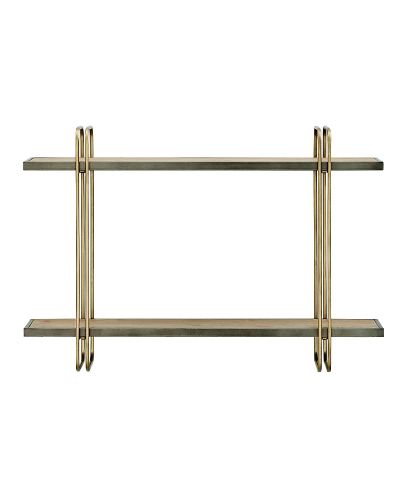 Danya B Two-Tier Warm Gold-Tone and Washed Oak Brown Metal Hanging Bracket Wall Mounted Shelf