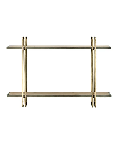 Danya B Two-Tier Warm Gold-Tone and Washed Oak Brown Metal Hanging Bracket Wall Mounted Shelf