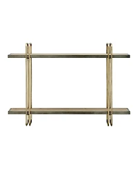 Danya B Two-Tier Warm Gold-Tone and Washed Oak Brown Metal Hanging Bracket Wall Mounted Shelf