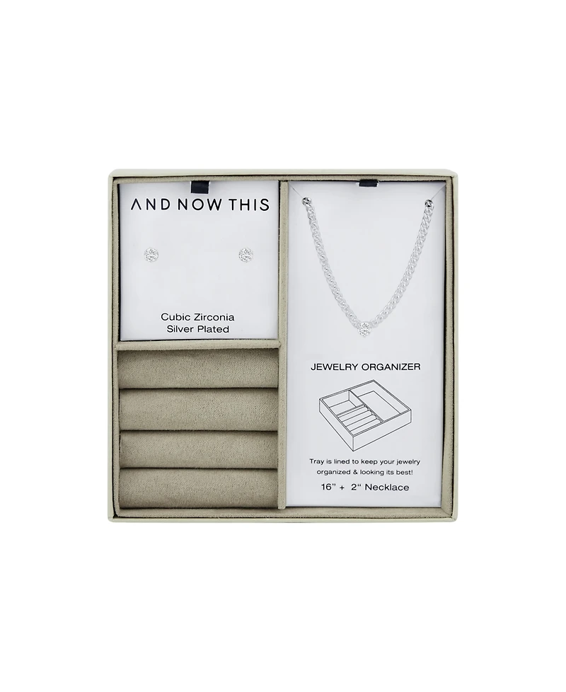 And Now This Cubic Zirconia Stud Earring and Necklace with Jewelry Box Set