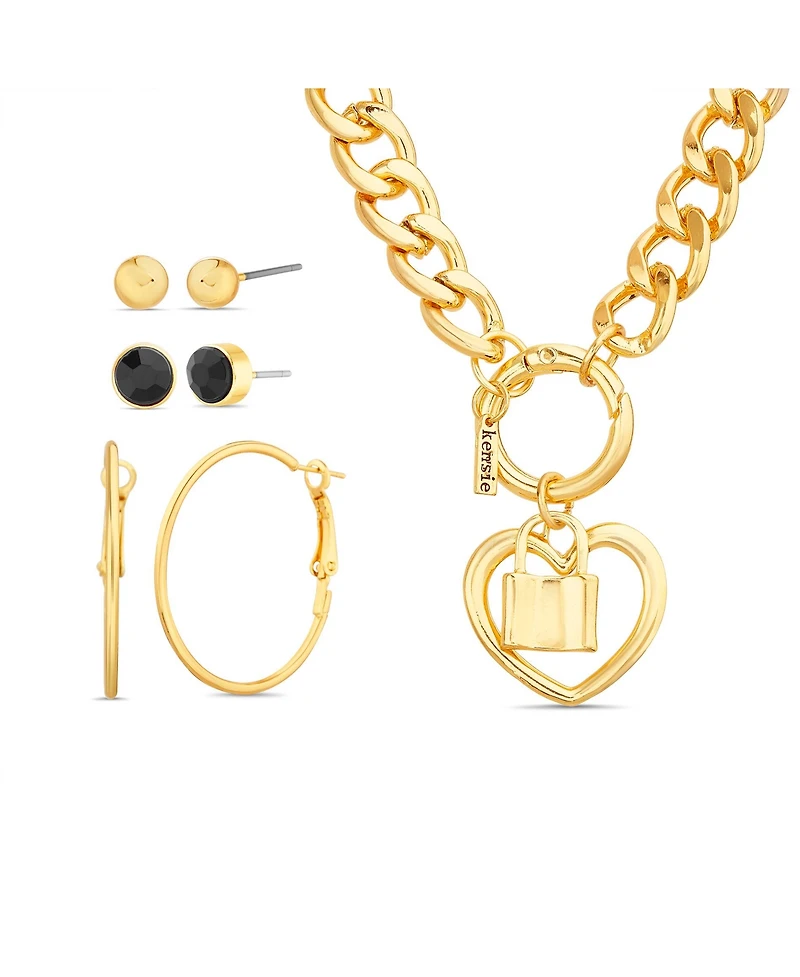 kensie Heart and Locked Charm Necklace and 3 Pair of Earrings Set