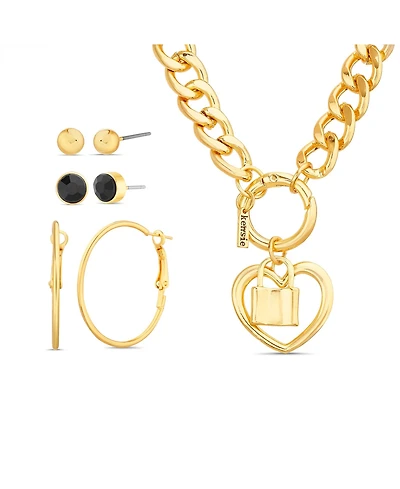 kensie Heart and Locked Charm Necklace and 3 Pair of Earrings Set
