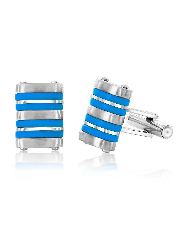 Metallo Stainless Steel Blue Rubber Striped Cuff Links