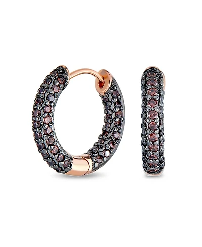 Bling Jewelry Formal Party Pink or Brown Pave Cz Inside Out Small Tube Huggie Hoop Earrings Cubic Zirconia Chocolate Rose Gold Black Plated .75 Inch D