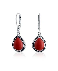 Bling Jewelry Boho Western Style Milgrain Setting Natural Lapis Turquoise Jade Onyx Quartz Pear Shaped Teardrop Dangle Drop Earrings Oxidized .925 Sterling Silver