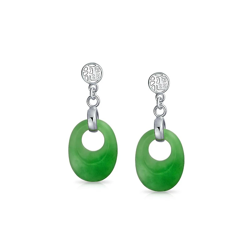 Bling Jewelry Dyed Green Natural Jade Asian Style Chinese Good Fortune Cut Out Circle Round Dangle Earrings Sterling Silver