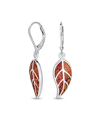 Bling Jewelry Native American Inspired Red Brown Blue Created Opal Inlay Lever back Nature Leaf Dangle Drop Earrings .925 Sterling Silver