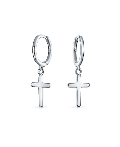 Bling Jewelry Small Religious Cross Dangle Earrings Rose Gold Plated Sterling Silver Huggie