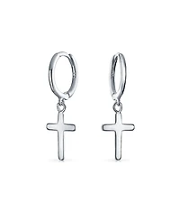 Bling Jewelry Small Religious Cross Dangle Earrings Rose Gold Plated Sterling Silver Huggie